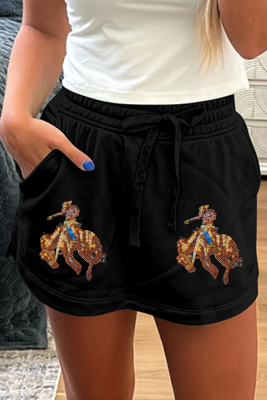 Black Sequin Western Cowboy Patched Lace-up High Waist Skort