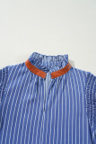 Sky Blue Stripe Frilly Split Neck Shirred Ruffle Sleeve Short Shift Dress