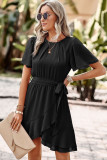 Black Pleated Round Neck Butterfly Sleeve Ruffle Trim Belted Mini Dress