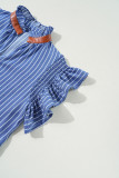 Sky Blue Stripe Frilly Split Neck Shirred Ruffle Sleeve Short Shift Dress