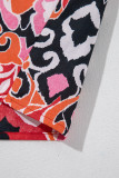 Red Ethnic Print Split Neck Short Puff Sleeve Blouse