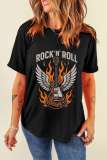 Black Guitar Wings Slogan Print Crew Neck T Shirt