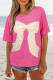Strawberry Pink Contrasting Color Ribbon Bow Front Patch Loose Tee with Slits