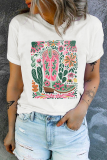 White Western Boot Flower Print Crew Neck Loose Tee