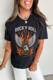 Black Guitar Wings Slogan Print Crew Neck T Shirt