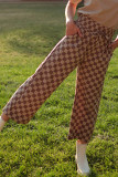 Khaki Checkered Elastic High Waist Loose Casual Pants