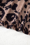 Brown Leopard Print V Neck Half Sleeve Oversized Tee