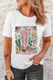 White Western Boot Flower Print Crew Neck Loose Tee