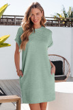 Grass Green Solid Color Textured Crinkle Short Sleeve T Shirt Dress