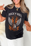 Black Guitar Wings Slogan Print Crew Neck T Shirt
