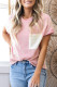 Pink Corded Knit Color Block Pocketed Crew Neck T Shirt