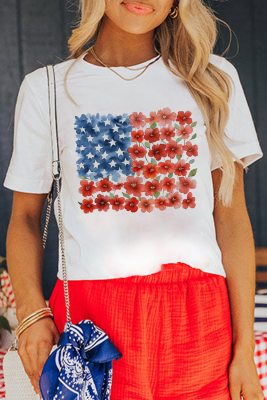 White Star Floral American Flag Printed T Shirt