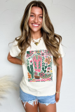 White Western Boot Flower Print Crew Neck Loose Tee