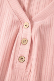Gossamer Pink Ribbed Button V Neck Tank Top and Shorts Set