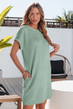 Grass Green Solid Color Textured Crinkle Short Sleeve T Shirt Dress