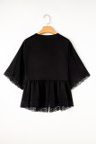 Black Plus Size Lace Splicing Button V Neck Short Sleeve Top