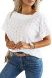 White Eyelet Pattern Boat Neck Casual Tee