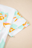 Green Floral Print Loose Fit V Neck Half Sleeve Blouse
