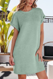 Grass Green Solid Color Textured Crinkle Short Sleeve T Shirt Dress