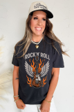 Black Guitar Wings Slogan Print Crew Neck T Shirt