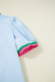 Myosotis Contrast Striped Notched V Neck Puff Sleeve Mini Dress