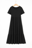 Black Solid Color T-shirt High Waist Pocketed Long Dress