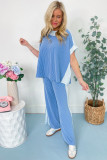 Sky Blue 2-tone Colorblock Patchwork Corded 2pcs Outfit