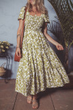 Yellow Boho Floral Square Neck Smocked Bust Puff Sleeve Tiered Long Dress