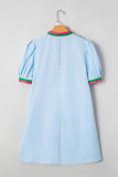 Myosotis Contrast Striped Notched V Neck Puff Sleeve Mini Dress