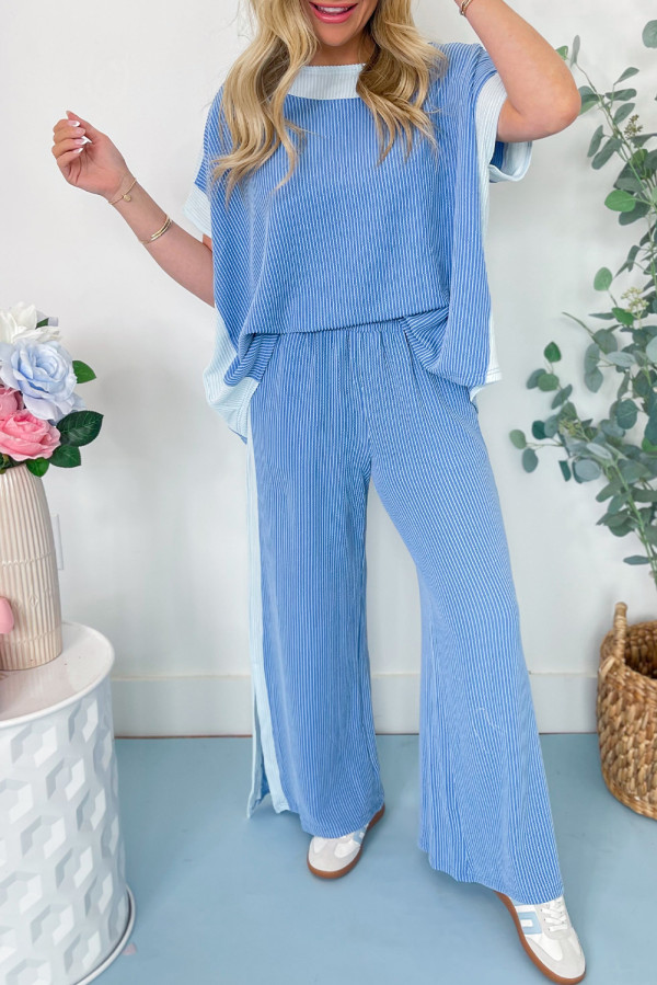 Sky Blue 2-tone Colorblock Patchwork Corded 2pcs Outfit