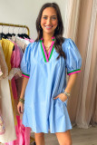 Myosotis Contrast Striped Notched V Neck Puff Sleeve Mini Dress