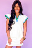 White Colorblock Edge Cap Sleeve Collared Top 2 Piece Skirt Set