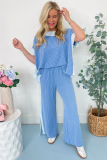Sky Blue 2-tone Colorblock Patchwork Corded 2pcs Outfit