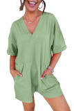 Grass Green Loose Half Sleeve V Neck Knit Romper