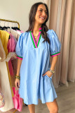 Myosotis Contrast Striped Notched V Neck Puff Sleeve Mini Dress