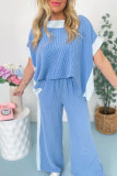Sky Blue 2-tone Colorblock Patchwork Corded 2pcs Outfit