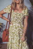 Yellow Boho Floral Square Neck Smocked Bust Puff Sleeve Tiered Long Dress
