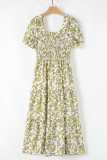 Yellow Boho Floral Square Neck Smocked Bust Puff Sleeve Tiered Long Dress