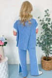 Sky Blue 2-tone Colorblock Patchwork Corded 2pcs Outfit