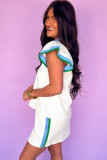 White Colorblock Edge Cap Sleeve Collared Top 2 Piece Skirt Set