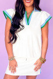 White Colorblock Edge Cap Sleeve Collared Top 2 Piece Skirt Set