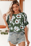 Casual Floral Print Button Keyhole Back Wide Short Sleeve Blouse