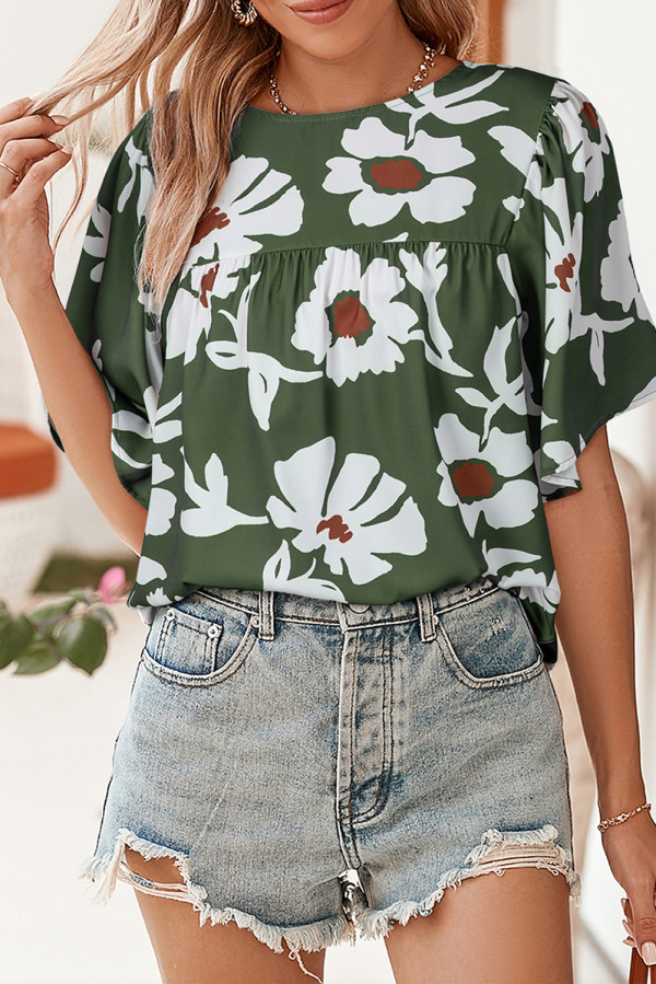 Casual Floral Print Button Keyhole Back Wide Short Sleeve Blouse