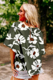 Casual Floral Print Button Keyhole Back Wide Short Sleeve Blouse