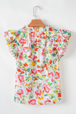 Multicolour Allover Floral Printed Flutter Sleeve Split Neck Blouse