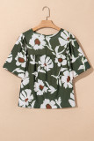 Casual Floral Print Button Keyhole Back Wide Short Sleeve Blouse