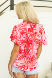 Red Abstract Print Ruffled Short Sleeve Mock Neck Blouse