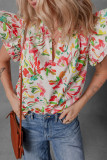 Multicolour Allover Floral Printed Flutter Sleeve Split Neck Blouse