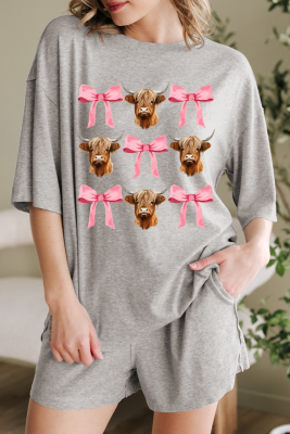 Gray Western Cow Head Bow Print Loose Fit Two Piece Shorts Set