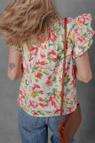 Multicolour Allover Floral Printed Flutter Sleeve Split Neck Blouse